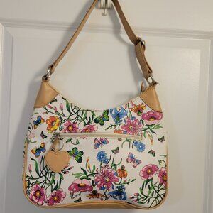 Vintage Shoulder Purse with Floral and Butterfly Pattern and Heart Tag